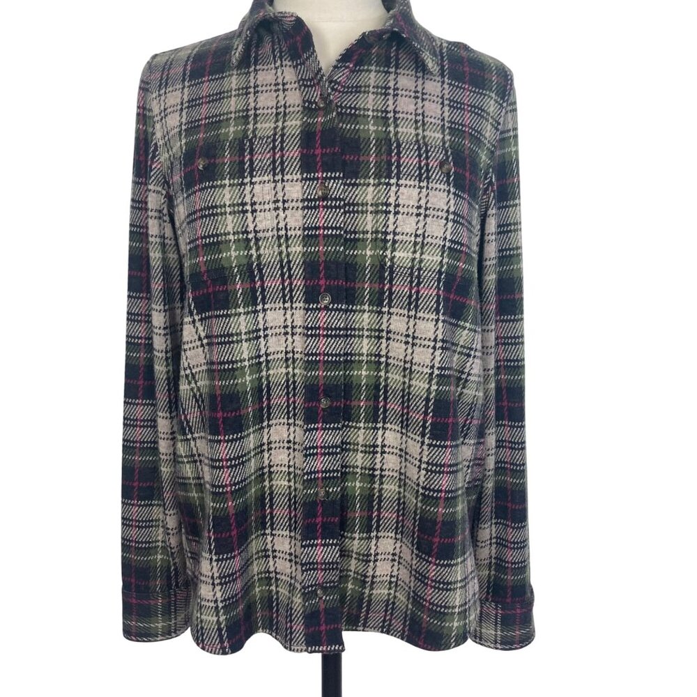 Women's Plaid Button-Up Shirt - Green, Black & Cream